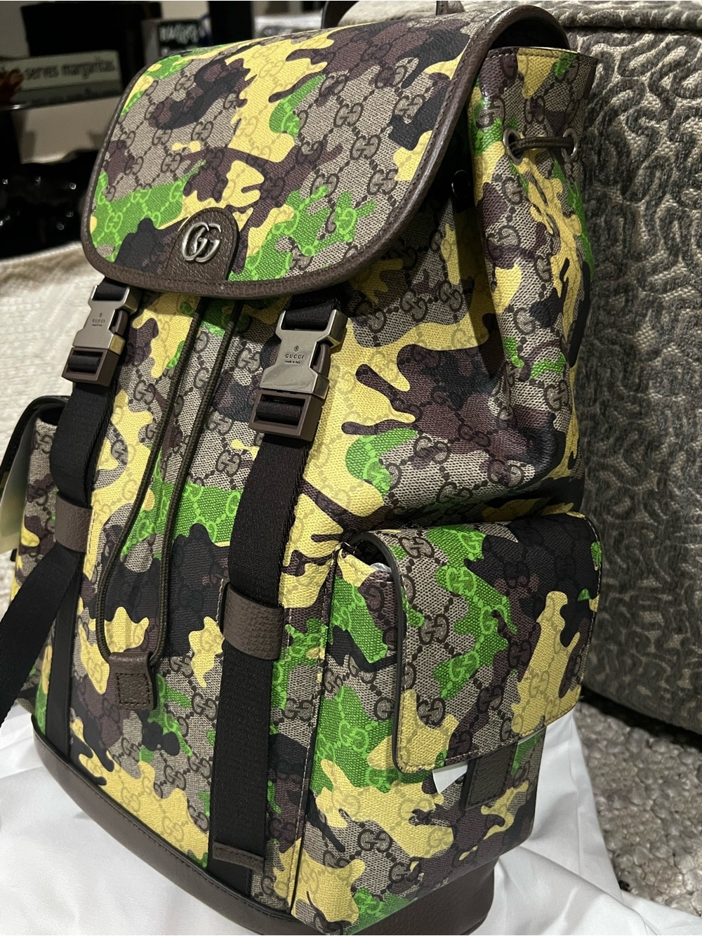 Gucci Men's GG Supreme Camouflage Backpack - Yellow/Green Camo